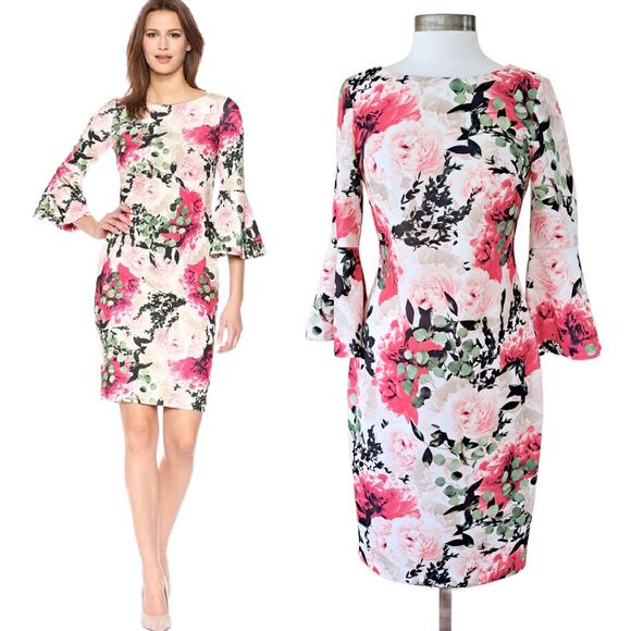 Calvin Klein Pink Floral Print Peplum Sleeve Sheath Dress Size 6 Work - Party - Picture 1 of 12